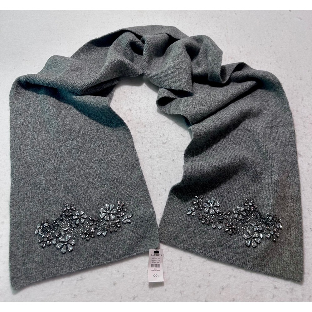 Talbots Gray Knit Scarf Jeweled Rhinestone Floral Embellished Cotton Wool Blend